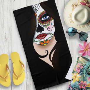 Rosa Sugar Skull Portrait Beach Towel