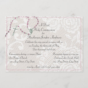 Rosaire rose et communion dentelle Invitation