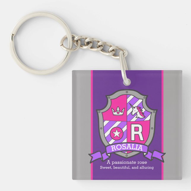 Rosalia name meaning crest unicorn custom keychain (Front)