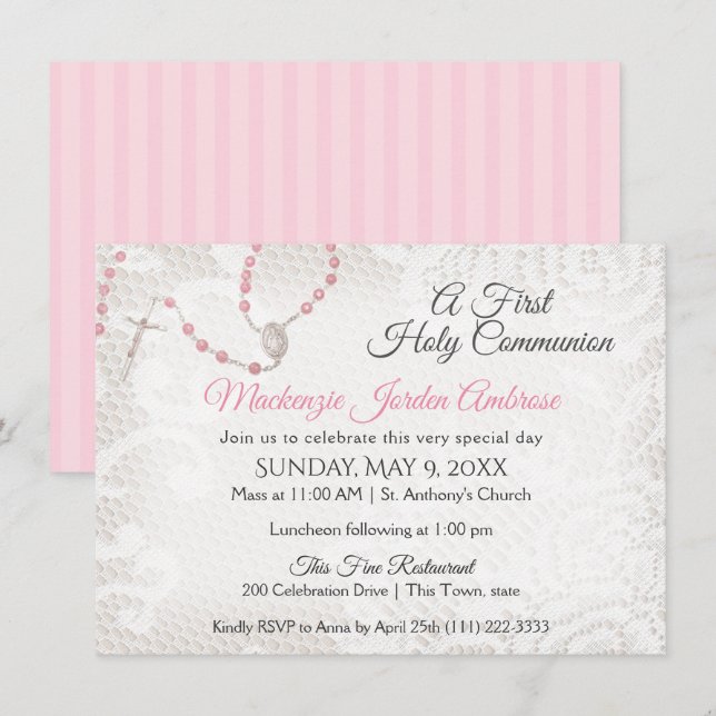 Rosary and Lace First Communion Pink Invitation (Front/Back)