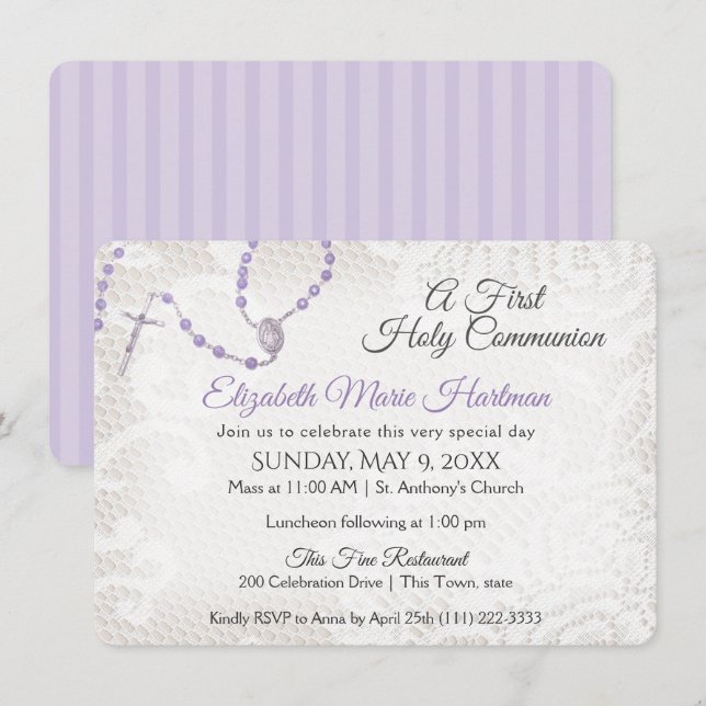 Rosary and Lace First Communion Violet Invitation (Front/Back)