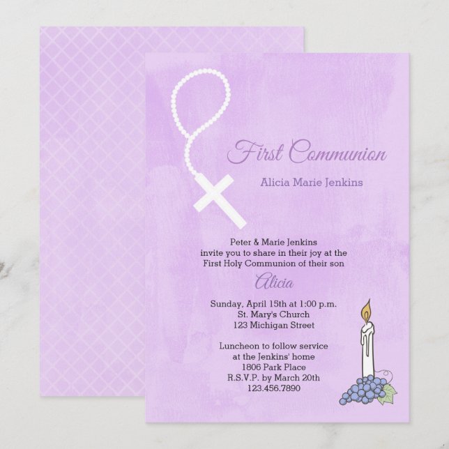 Rosary Beads, Candle, Lilac First Communion Invite (Front/Back)