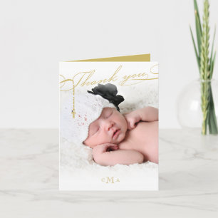 Rosary Cross Monogram Scripted Photo Religious Thank You Card