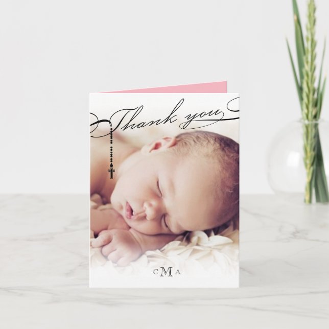 Rosary Cross Monogram Scripted Photo Religious Thank You Card (Front)