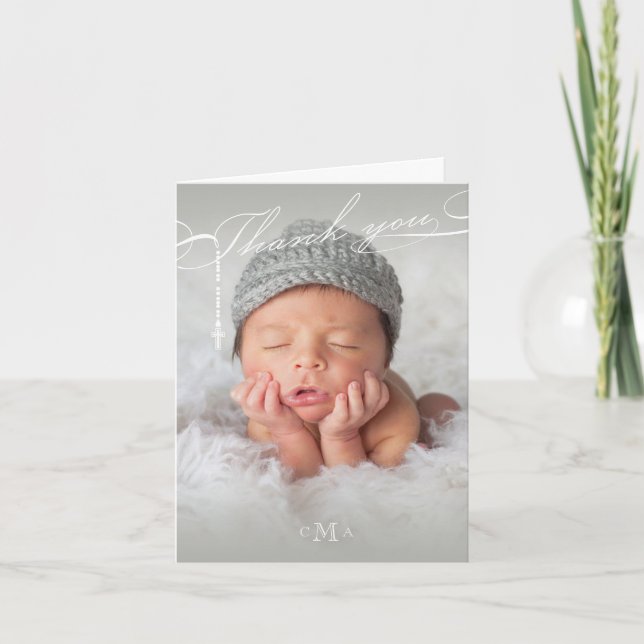 Rosary Cross Monogram Scripted Photo Religious Thank You Card (Front)