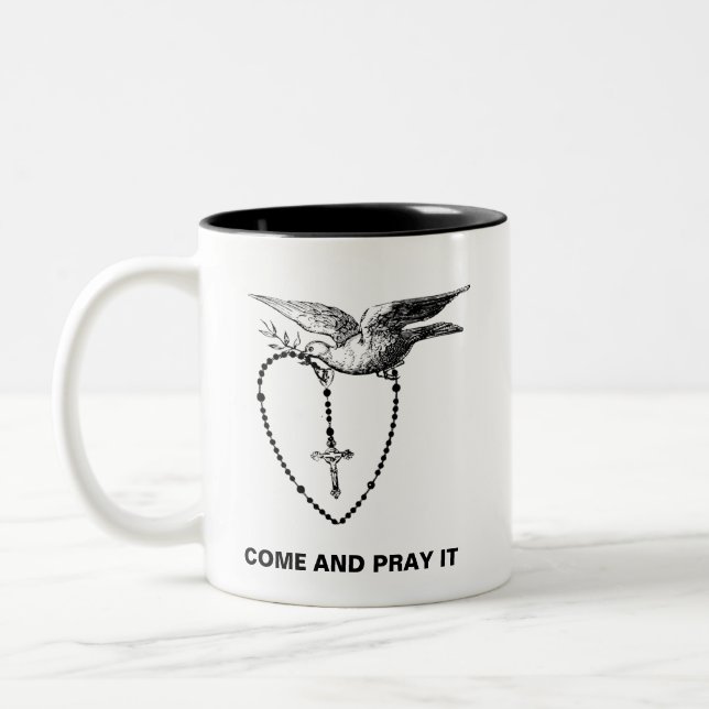 ROSARY WITH DOVE AND OLIVE BRANCE COME AND PRAY IT Two-Tone COFFEE MUG (Left)