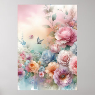 Rosas Vintage color pastel con mariposa Poster