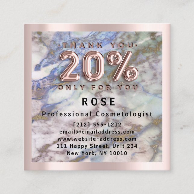 Rose 20% Off Discount Logo Hair Blue Pink Marble Appointment Card (Front)