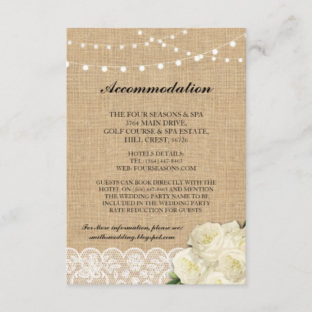 Rose Accommodation Burlap Lights Wedding Cards (Front)