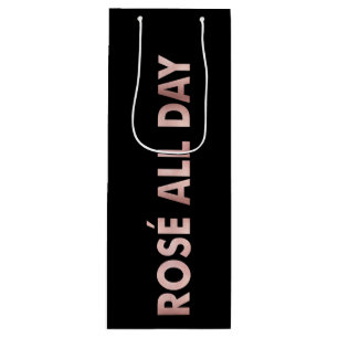 ROSÉ ALL DAY Text in Faux Pink Foil on Black Wine Gift Bag