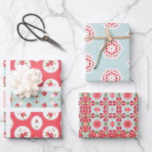 Rose and aqua patchwork design gift wrap set