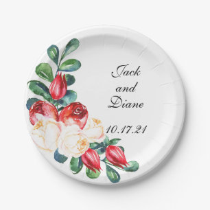 Rose and Berry Watercolor Stems Paper Plate