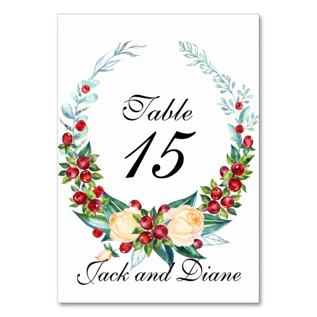 Rose and Berry Watercolor Stems Table Number (Front)