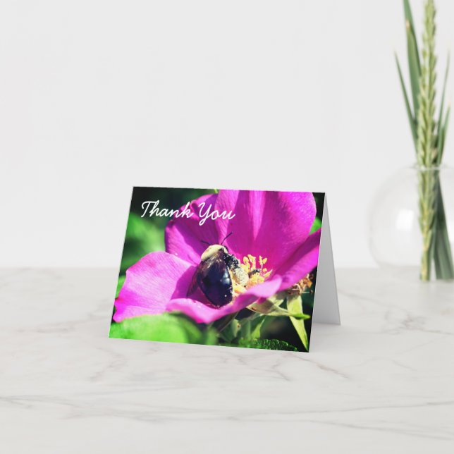 Rose And Bumble Bee Flower Thank You Card (Front)
