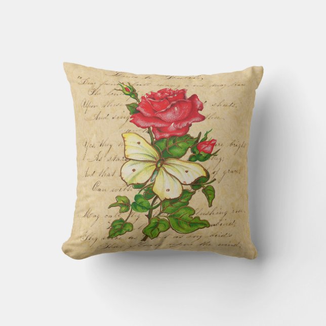 Rose and Butterfly Throw Pillow (Front)