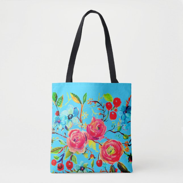 Rose and Cherry Blossom Bright Blue Tote Bag (Front)