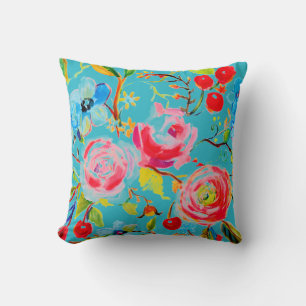 Rose and Cherry Turquoise Customizable Throw Pillow