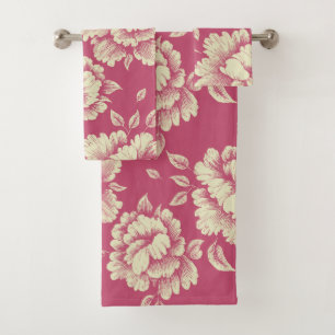 Rose and Cream Peony Toile de Jouy Bath Towel Set