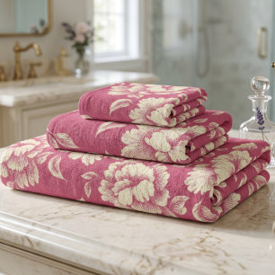 Rose and Cream Peony Toile - French Country Decor Bath Towel Set
