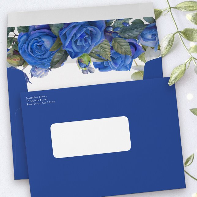 Rose and Eucalyptus Return Address Blue Invitation Envelope (Blue invitation envelopes with red roses on the inside flap, your return address and address panel)