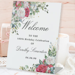 Rose and Holly Floral 100th Birthday Welcome Pedestal Sign