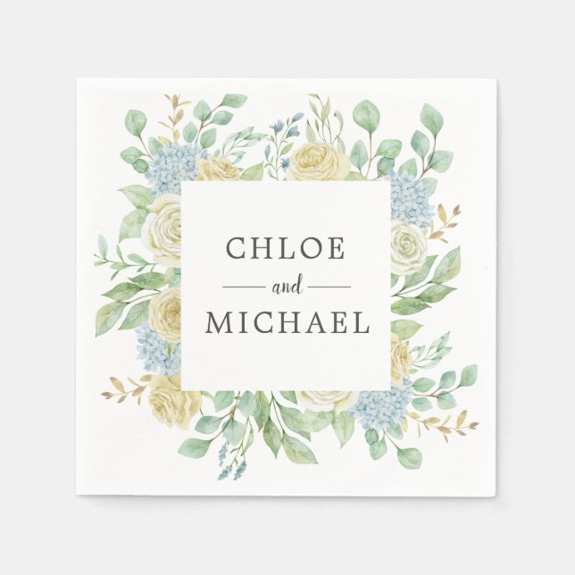 Rose and Hydrangea Floral Custom Wedding Napkin (Front)