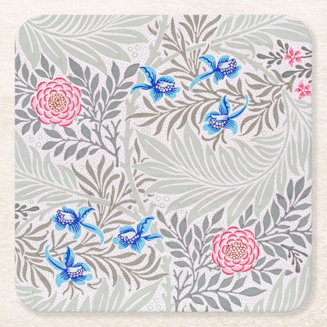 Rose and Larkspur, William Morris Square Paper Coaster (Front)