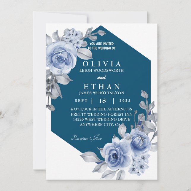 rose and leaf navy blue invitation (Front)