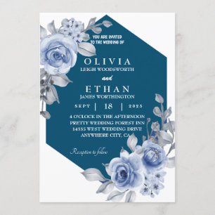 rose and leaf navy blue invitation