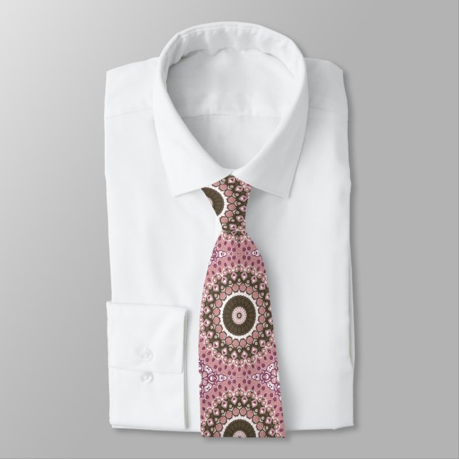 Rose and Mocha Mandala Pattern Floral Geometry Tie (Tied)
