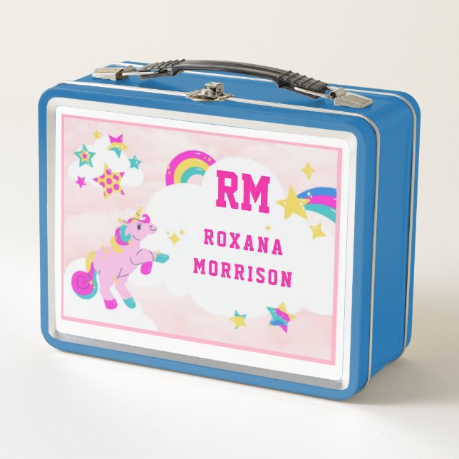 ROSE AND PINK  AND WINGED UNICORN LUNCH BLUE METAL LUNCH BOX (Front)