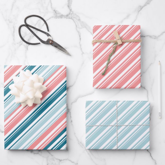 Rose And Teal Candy Cane Stripe Holiday Wrapping Paper Sheet (Front)