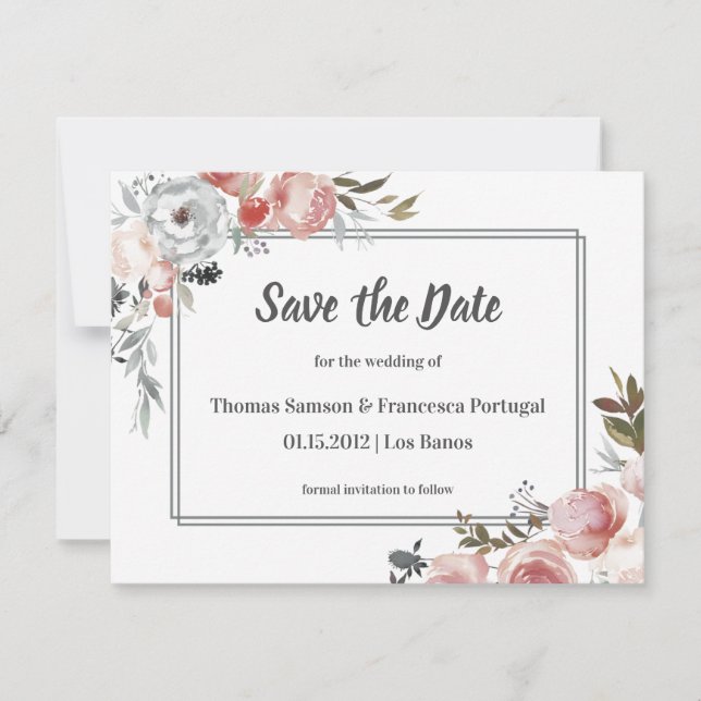 Rose and Thistle Watercolor Save the Date Card (Front)