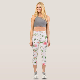 Rose and zinnia floral pattern on white background capri leggings