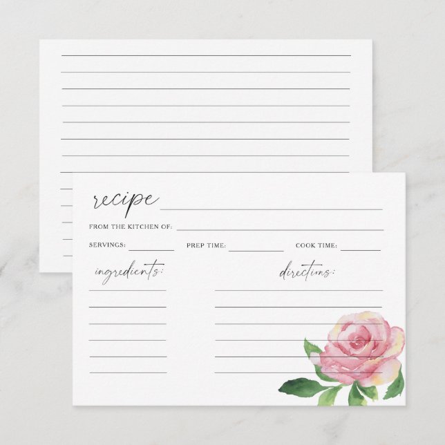 Rose aquarelle - carte de recette (Devant / Derrière)