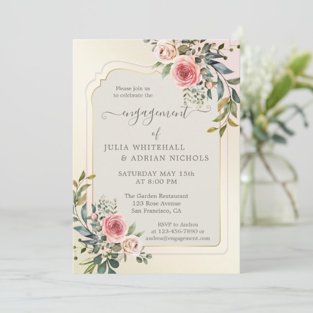 Rose Aquarelle Invitation Fiançailles Jardin (Debout devant)