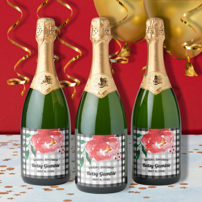 Rose aquarelle sur étiquettes de vin pétillant à c (Watercolor red rose on black and white gingham sparkling wine bottle personalized labels)