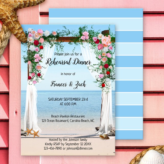 Rose Arbor Beach Rehearer Dîner Invitation (Romantic rehearsal dinner invitation with an image of a rose arbor with veils, overlooking a beach)