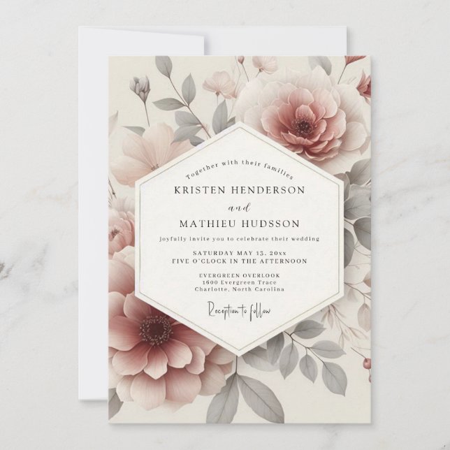 Rose Ash Ethereal Bloom Wedding Invitation (Front)