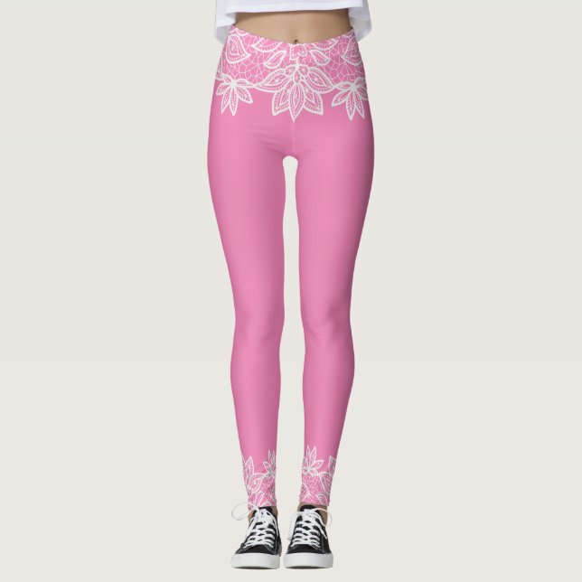 Rose avec apparence de dentelle blanche Leggings S (Devant)