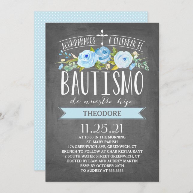 Rose Banner Blue Chalkboard | Spanish Bautismo Invitation (Front/Back)