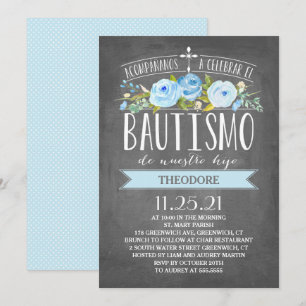Rose Banner Blue Chalkboard   Spanish Bautismo Invitation