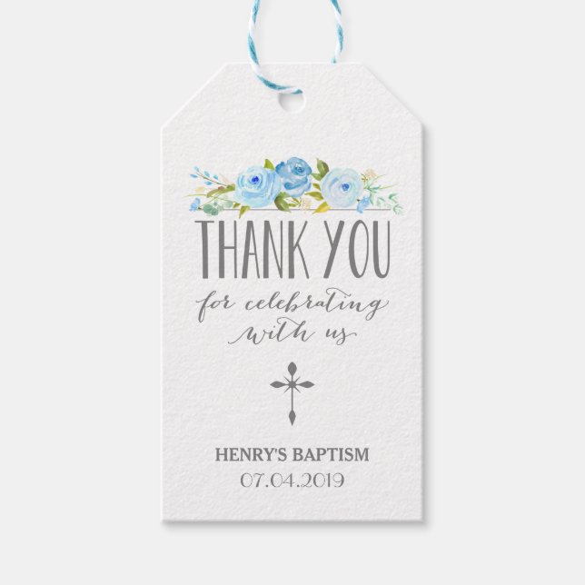 Rose Banner | Blue Religious Thank You Gift Tag (Front)