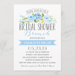 Rose Banner Brunch Bridal Shower Blue Invitation