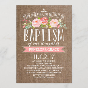 Rose Banner Burlap Baptism Invitation