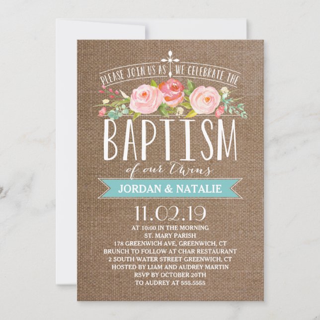 Rose Banner Burlap | Invitation Baptême Twins (Devant)