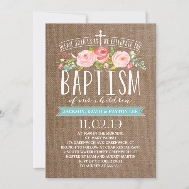 Rose Banner Burlap | Multiples  Baptism Invitation (Front)