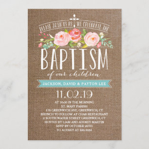 Rose Banner Burlap   Multiples  Baptism Invitation