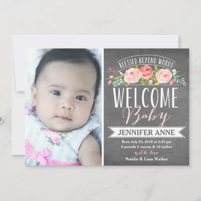 Rose Banner Chalkboard | Birth Announcement (Front)