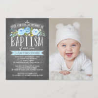 Rose Banner Chalkboard Blue Baptism Invitation